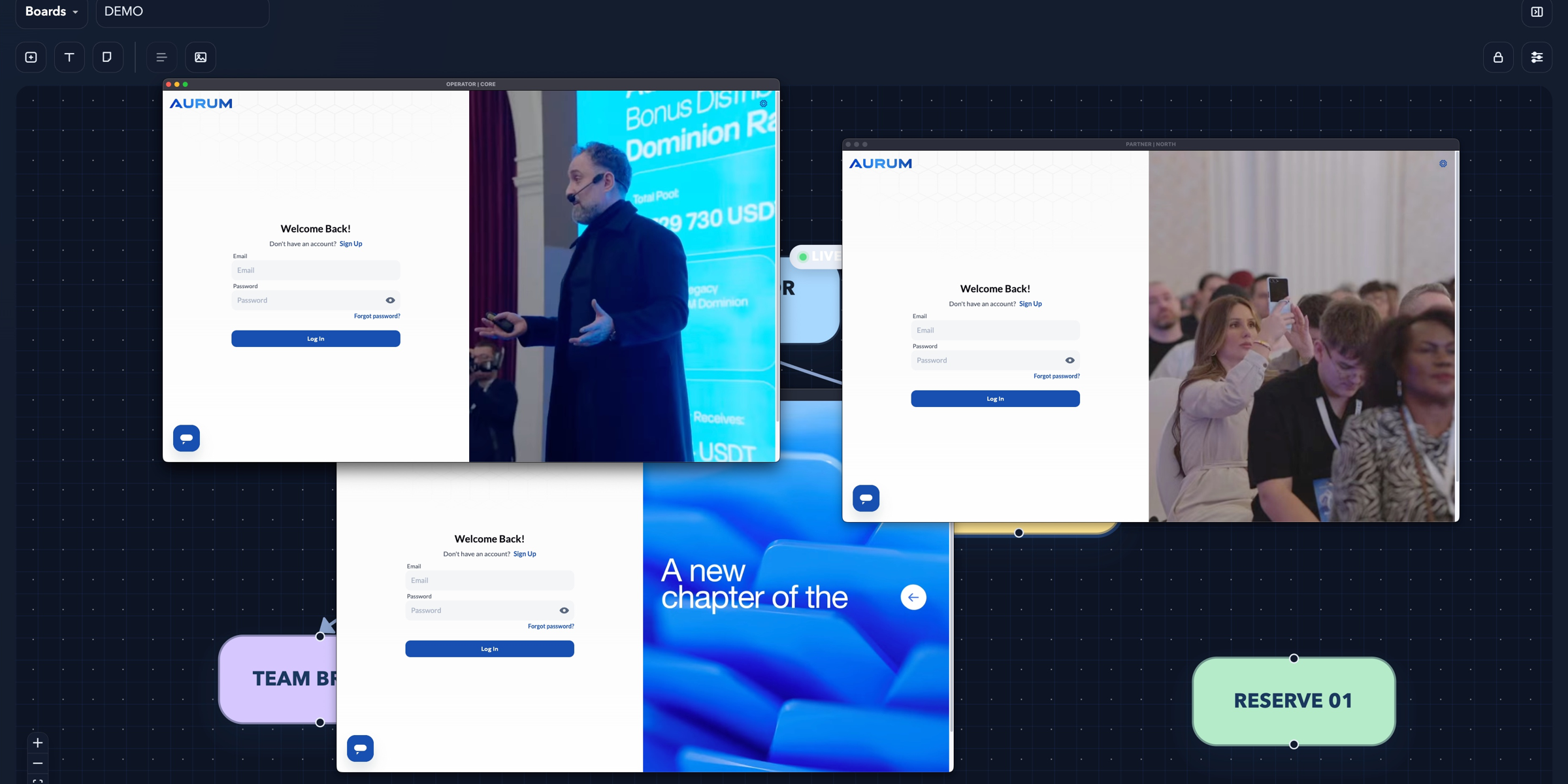 Two Aurum accounts open at once in BoardFleet — each in its own isolated browser session window over the board.
